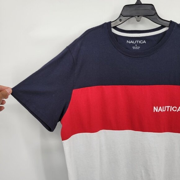 Nautica Men Blue White Color block Short Sleeve Crewneck Tee Shirt Top Size L - Picture 2 of 9
